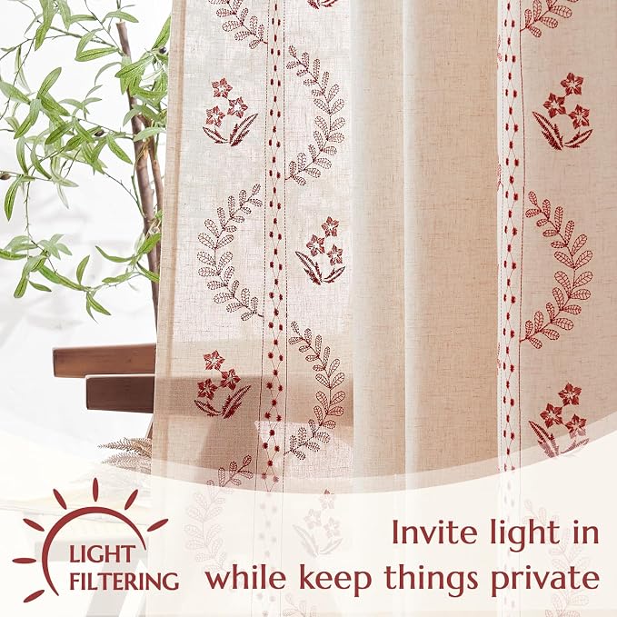 jinchan Belrose Linen Curtains for Bedroom Floral Curtains 63 Inch Length Linen - Image 5