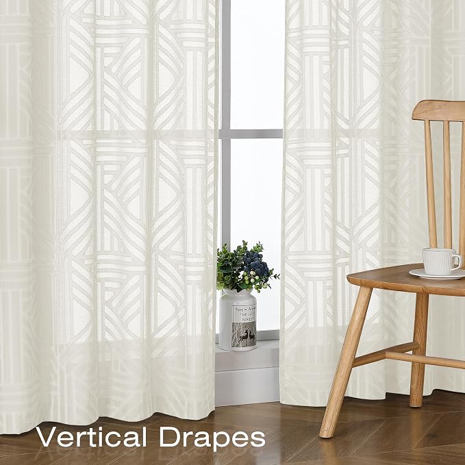 Simplebrand Ivory Semi Sheer Curtains 54 Inch Length 2 Panels, Geometric - Image 5