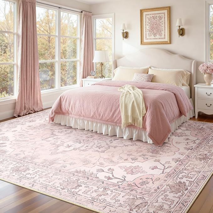 Area Rugs 10'x12' Washable Non-Slip, Floral Vintage Distress Print Pattern - Image 2