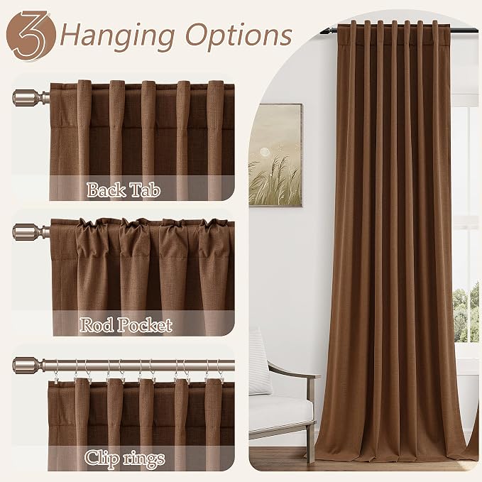 Guken Caramel Brown 100% Blackout Linen Curtains 102 Inch Length 2 Panels Set - Image 6