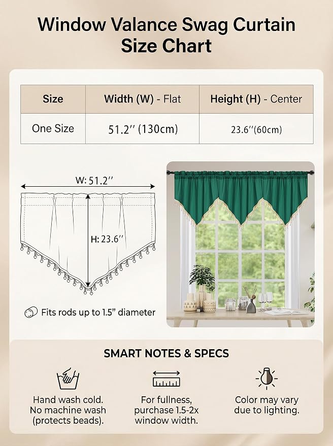 Molaxhome Swag Curtain 51 inch Length Rod Pocket Scalloped Curtain Valance - Image 4