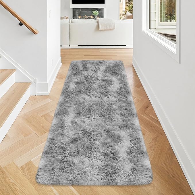 Super Soft Fluffy Living Room Area Rug 2x5 ft Tie-Dyed Light Grey Shaggy Furry - Image 2