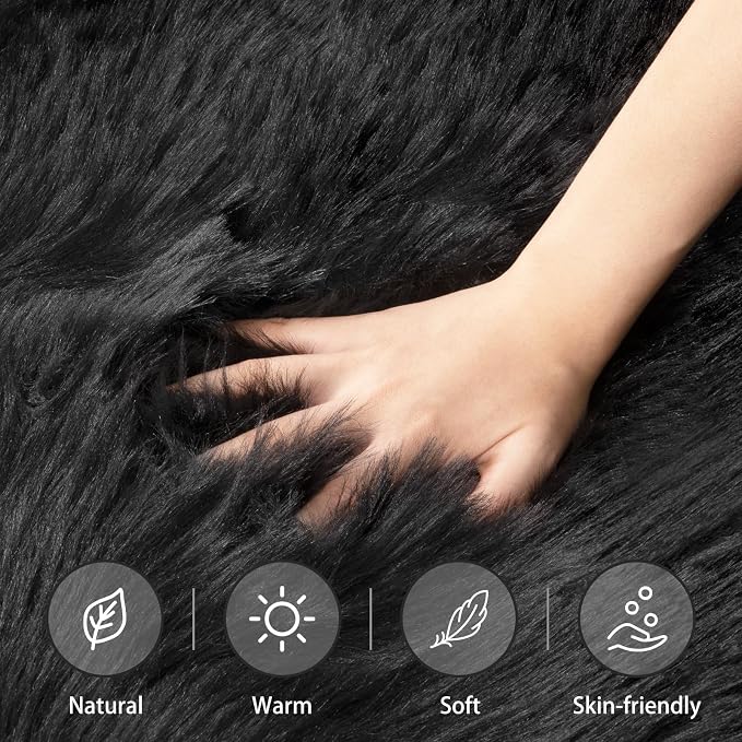 Ciicool Faux Sheepskin Rugs Soft Faux Fur Rugs Black Fluffy Chair Couch Cover - Image 3
