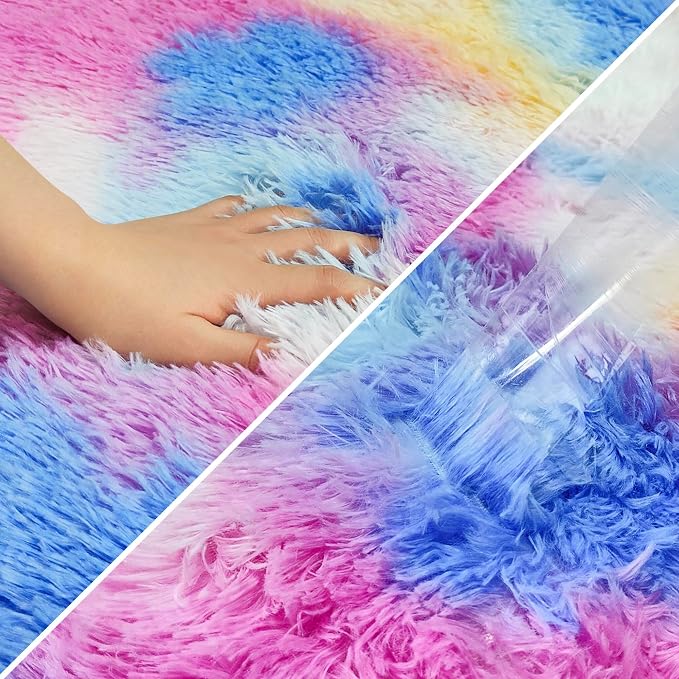 Fluffy Rainbow Colorful Rug for Living Room 5x8 Kawaii Rainbow Tie Dye Area Rug - Image 6