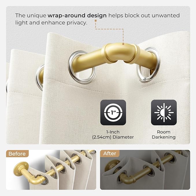 Zeerobee Curtain Rods for Windows 32 to 72, 1 Inch Industrial Wrap Around Gold - Image 3