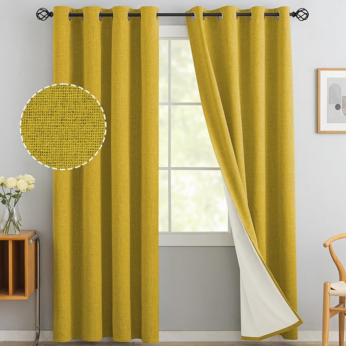 Yakamok Mustard Yellow Linen Curtains 100% Blackout 84 Inches Long, Room by Yakamok