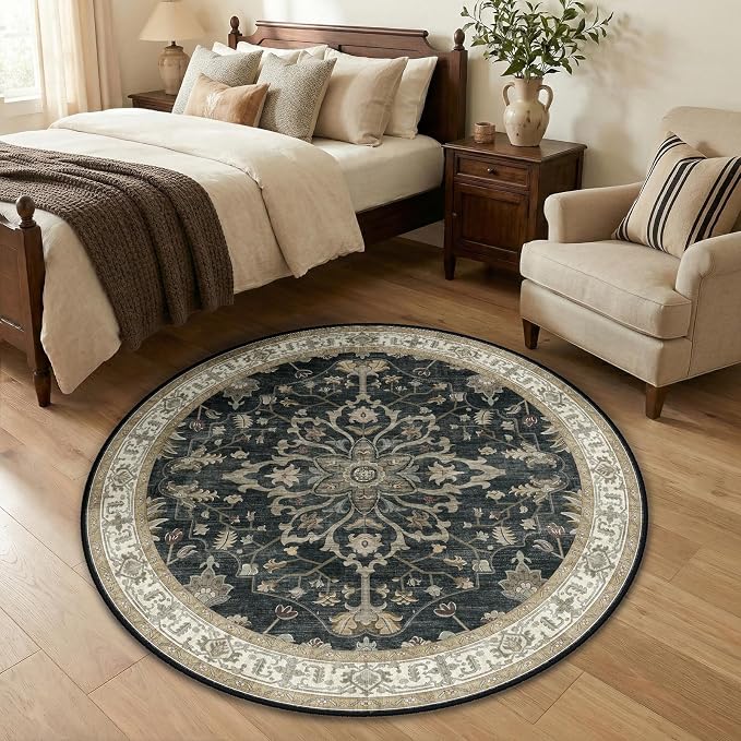 Area Rugs Round 4ft Washable Non-Slip, Floral Vintage Distress Print Pattern - Image 2