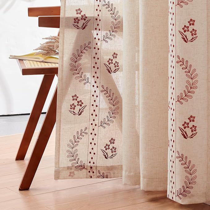jinchan Belrose Linen Curtains for Bedroom Floral Curtains 63 Inch Length Linen - Image 9