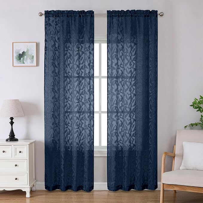Lecloud Leia Jacquard Textured Navy Blue Sheer Curtains 96 Inches Long 2 Panels by Lecloud