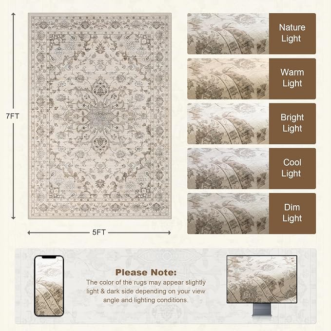 5x7 Area Rugs Living Room Rug: Washable Vintage Distressed Floral Rug No Slip - Image 2