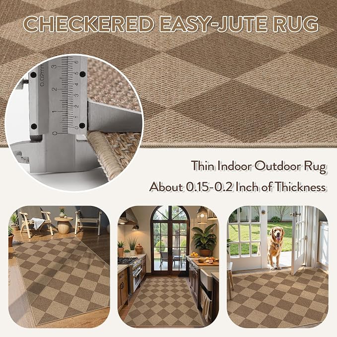 Lahome Checkered Easy Jute Indoor Outdoor Rug, 3x5 Washable Nature Rug - Image 5