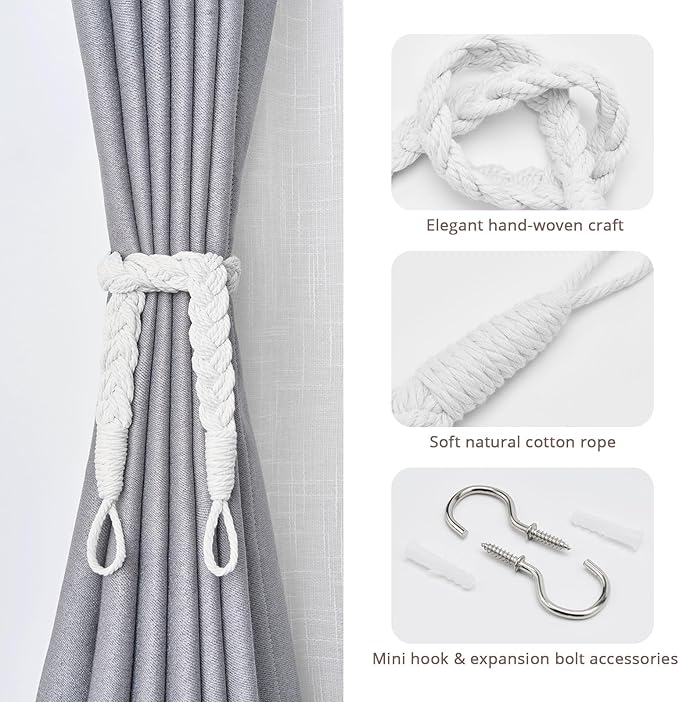 NICEEC 2 Pack Natural Cotton Rope Curtain Tiebacks Elegant Boho Style - Image 2