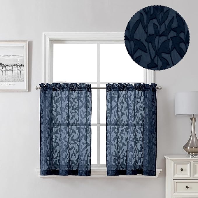 Lecloud Leia Navy Blue Sheer Curtains 2 Pieces, 30 Inch Short Curtains by Lecloud