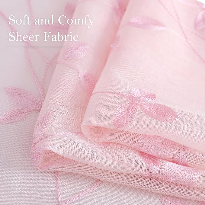 HOMEIDEAS Pink Sheer Curtains 52 X 84 Inches Length 2 Panels Embroidered Vine - Image 4