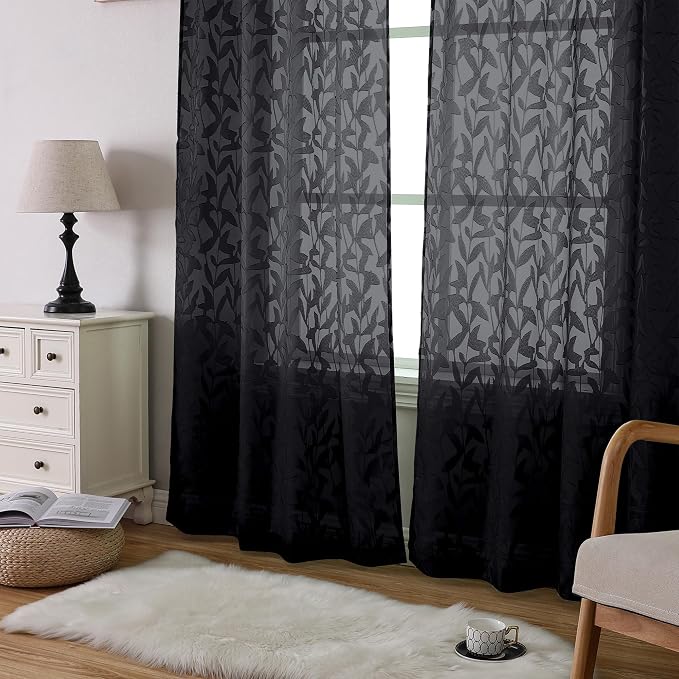 Lecloud Leia Jacquard Textured Leaf Sheer Black Curtains 84 Inches Long 2 Panels - Image 9