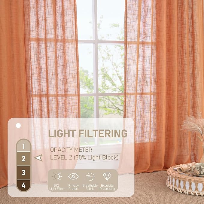 LAMIT Burnt Orange Sheer Linen Curtains, 84 inch Light Filtering Semi Sheer - Image 5