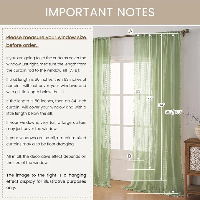 WAZZIO Boho Lace Curtains 84 Inches 2 Panel, Light Filtering Privacy Tassel & - Image 9