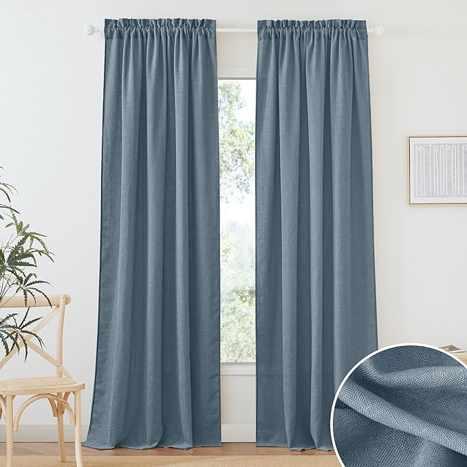 RYB HOME Stone Blue Sheer Curtains 84 inch Length Soft Linen Texture Curtains by RYBHOME