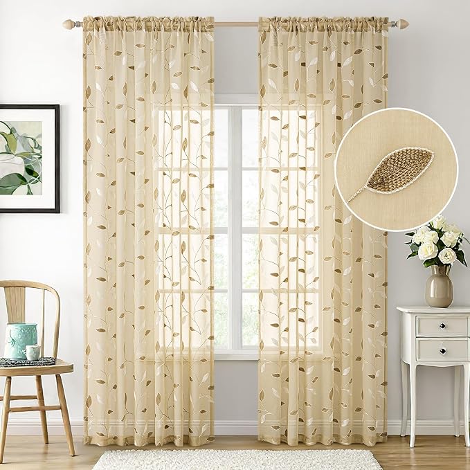 MIULEE Beige Sheer Curtains 2 Panels Embroidered Leaf Patterned Rod Pocket - Image 2