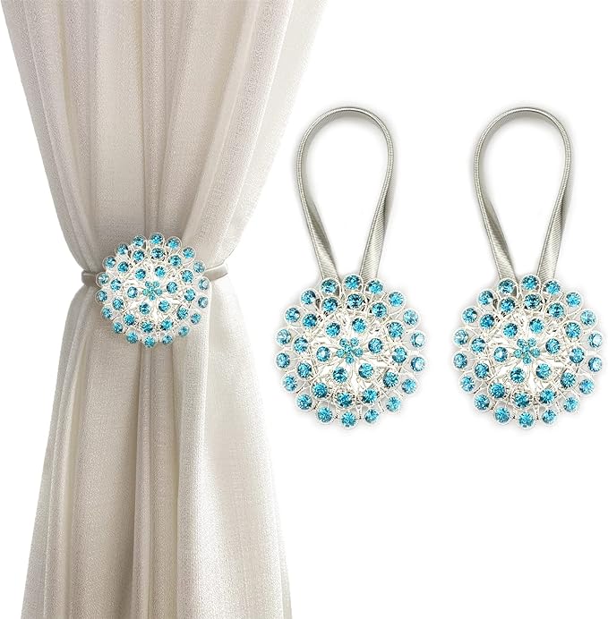 Magnetic Tiebacks for Curtains, 2 Pack Sparkling Crystal Flower Curtain by FOZUBOYO