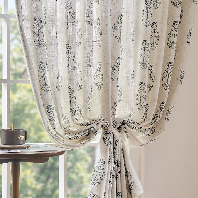 jinchan Linen Floral Curtains for Living Room 84 Inch Length Black Flower - Image 7
