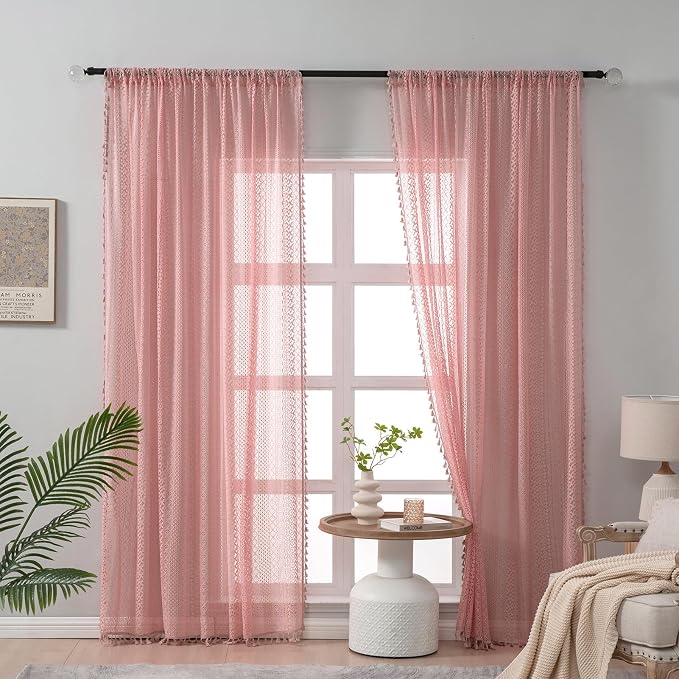 WAZZIO Boho Lace Curtains 84 Inches 2 Panel, Light Filtering Privacy Tassel & - Image 2