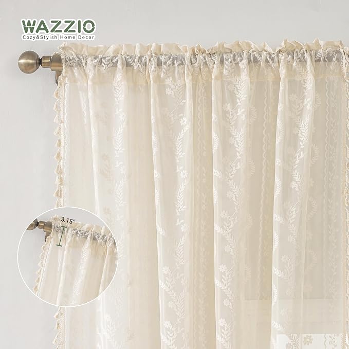 WAZZIO Boho Lace Curtains 2 Panels 90 Inches -Cute Vintage Victorian Sheer - Image 6