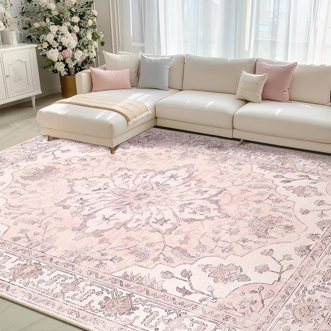 Area Rugs 8'x10' Washable Non-Slip, Floral Vintage Distress Print Pattern - Image 2