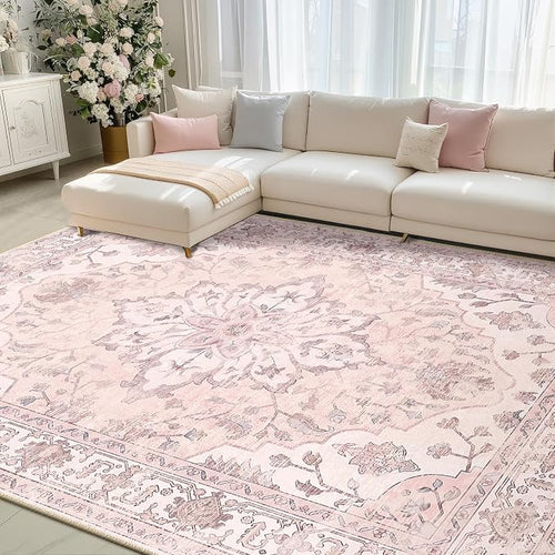 Area Rugs 8'x10' Washable Non-Slip, Floral Vintage Distress Print Pattern - Image 2