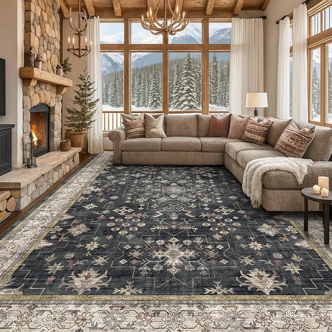 Black Boho Rug for Living Room 9x12 by HazoHaus