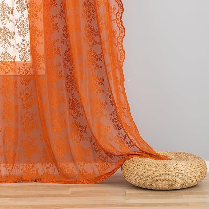 YJ YANJUN Vintage Lace Curtains 90 Inches Long-Rustic Floral Burnt Orange Sheer - Image 5