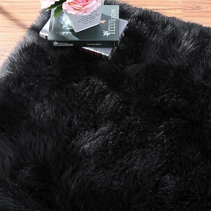 ORINOVA Black Fuzzy Faux Sheepskin Shaggy Fur Rugs - Image 6