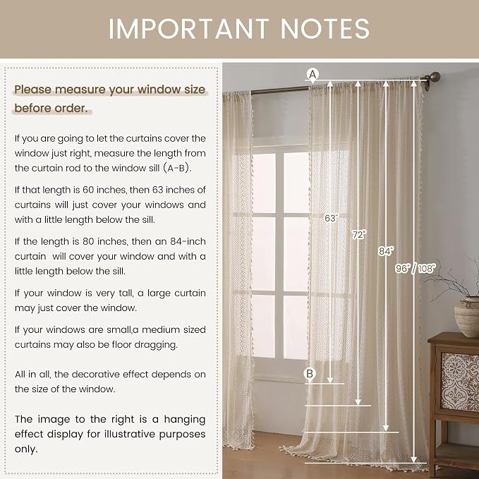 WAZZIO Boho Lace Curtains 72 Inches 2 Panel, Light Filtering Privacy Tassel & - Image 7