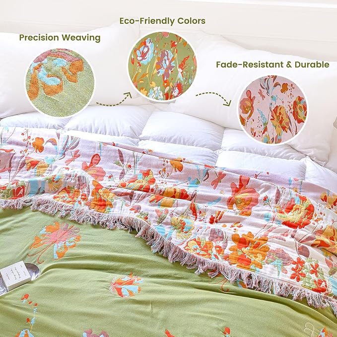 MSGKV Boho Throw Blanket 90"x90" Floral 100% Cotton Blanket - Image 3