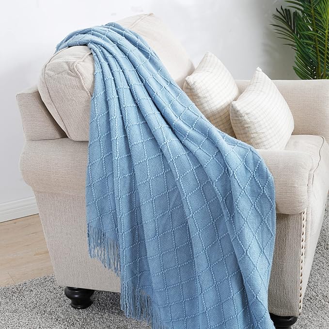 BOURINA Blue Throw Blanket 50x60 Inches Throw Textured Solid Soft Sofa Couch - Image 3