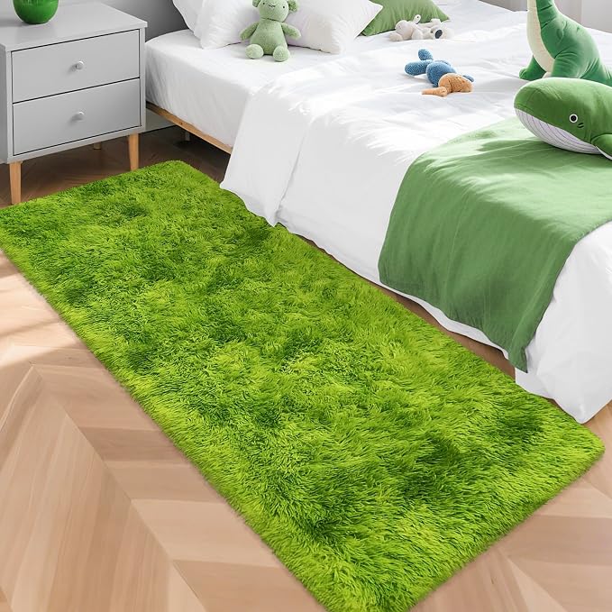 Tie-Dyed Runner Rug for Bedroom Green 2x5ft Fluffy Area Rug Bedside Runner Rug by JiaoBaba