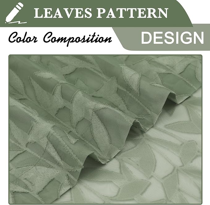 Lecloud Leia Sheer Sage Green Kitchen Curtains 36 Inch Length 2 Pcs, Jacquard - Image 4