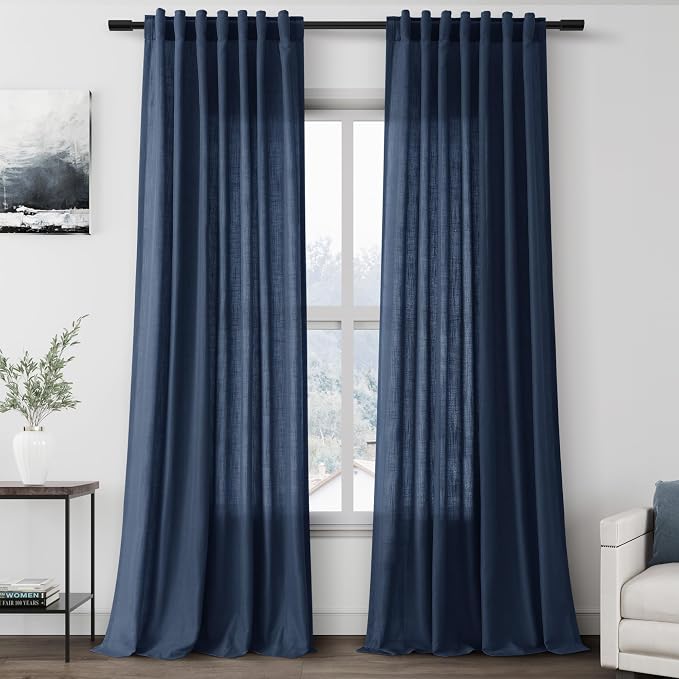 Denim Blue Linen Curtains 102 Inches Long Rod Pocket Back Tab Drapes 2 Panels by Nanspring