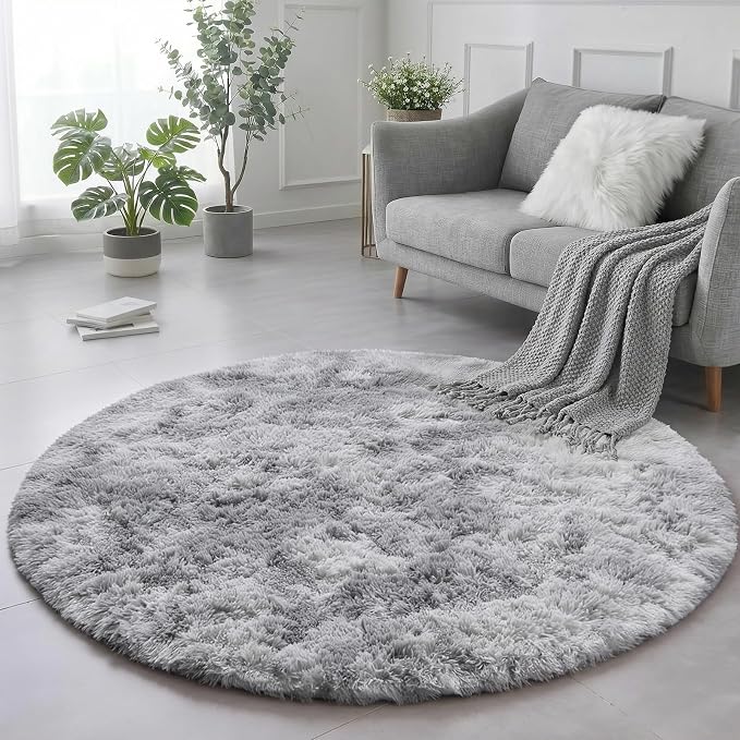 Amdrebio Tie-Dye Light Grey Round Circle Area Rugs 5Ft by Amdrebio