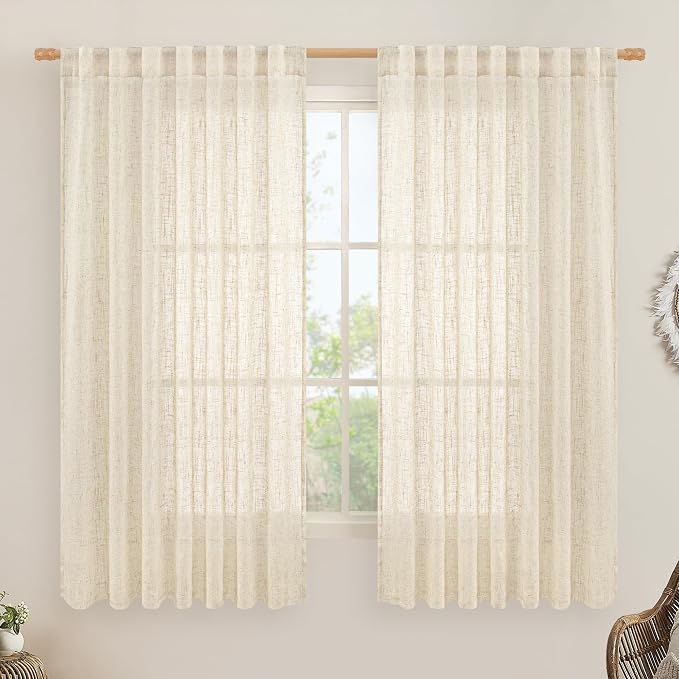 LAMIT Linen Curtains 63 Inch for Bedroom, Light Filtering Neutral Semi Sheer by LAMIT