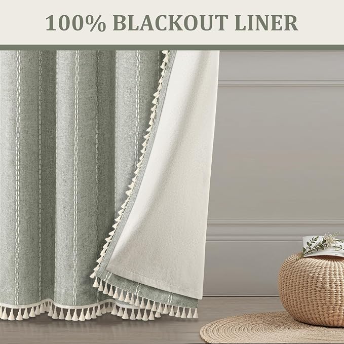 Boho Blackout Curtains 96 Inches Long Sage Green Linen Blend 2 Panels - Image 2