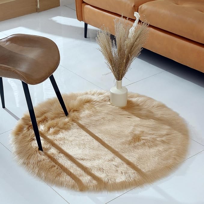 linmopm Faux Fur Rug Sheepskin Shag Fluffy Fuzzy Beige 3x3 ft Rugs - Image 3