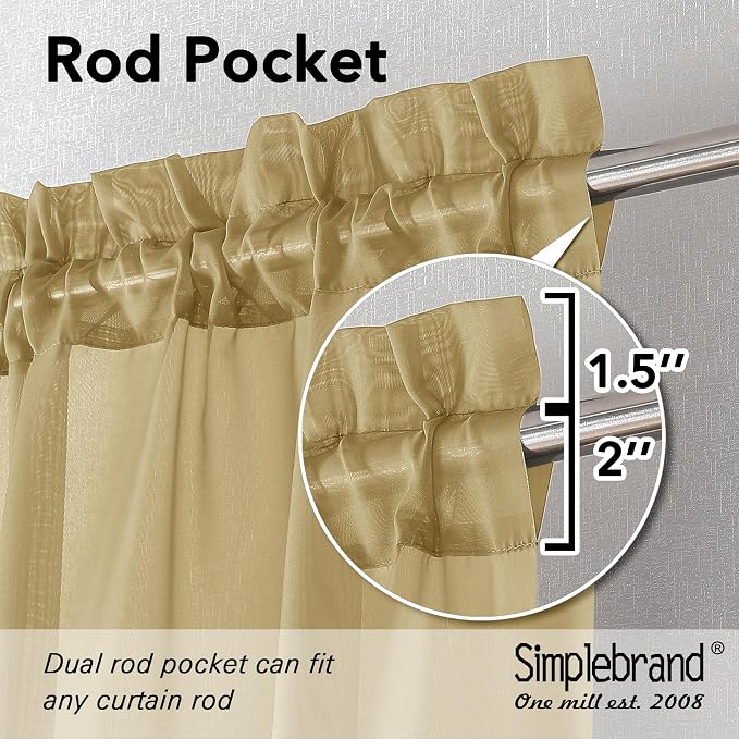 Simplebrand Gold Sheer Curtains 96 Inches Long 2 Panels, Light Filtering Rod - Image 2