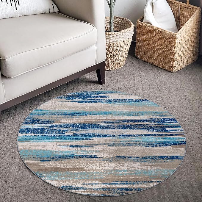 Lansny Modern Abstract Round Rug 3Ft, Circular Entryway Rugs Thin Print Faux - Image 2