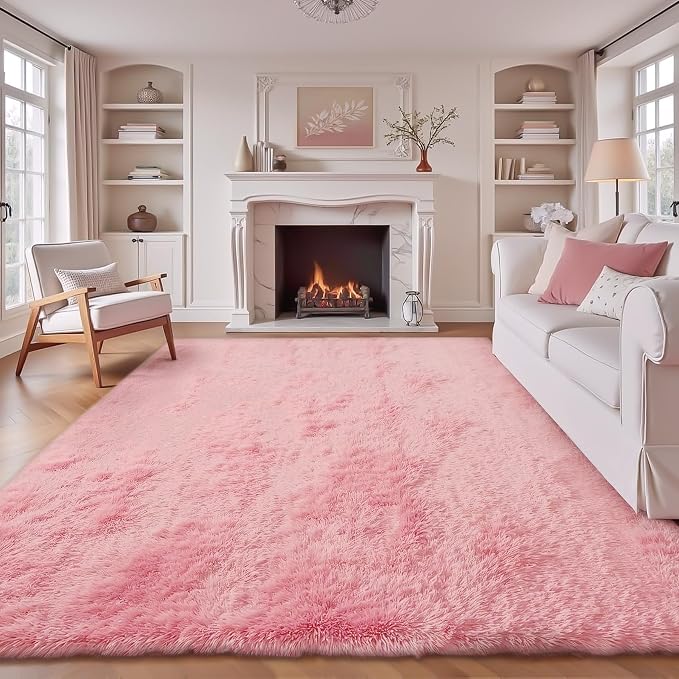 Pink Rugs for Bedroom Girls: 8x10 Fluffy Shag Soft Washable Rug Large Fuzzy by VECARF