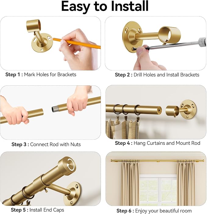 YaFex 2 Pack Heavy Duty Curtain Rods 32-120 Inch, 1 Inch Adjustable Gold - Image 8