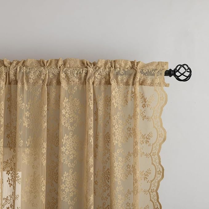 YJ YANJUN Vintage Lace Curtains 2 Panels Farmhouse Short Tan Sheer Curtains - Image 2