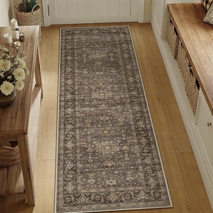2x7 Washable Runner Rug for Hallway Kitchen Vintage Brown Non Slip Low Pile by WondRg