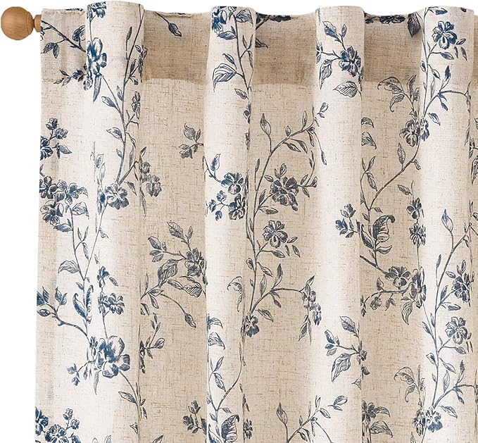 Lazzzy Blue Floral Linen Curtains 96 Inch Farmhouse Back Tab Drapes by Lazzzy