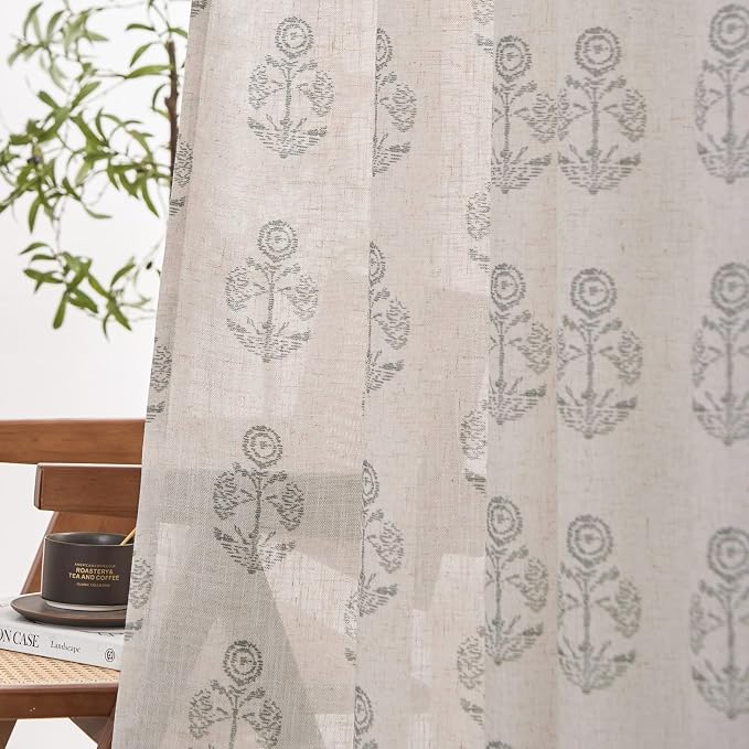 jinchan Linen Floral Curtains for Living Room 63 Inch Length Gray Flower - Image 3